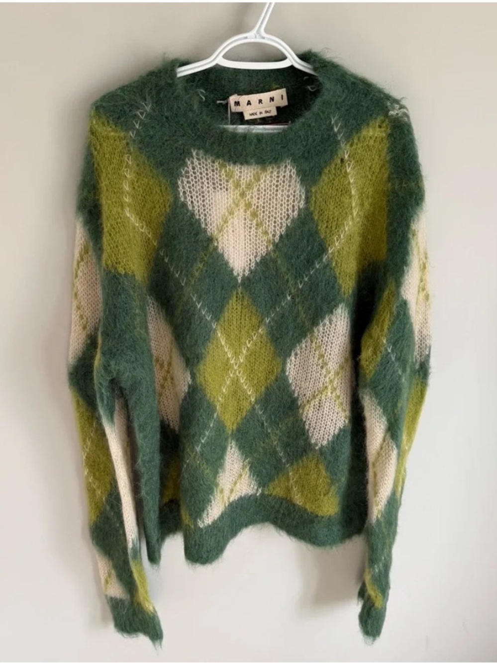 Marni fuzzy wuzzy mohair green, Cream & Yellow Argyle Mohair Crewneck Sweater